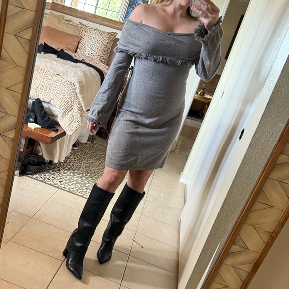 THML Dresses & Skirts - Anthropologie THML Off-Shoulder Dress with Fringe